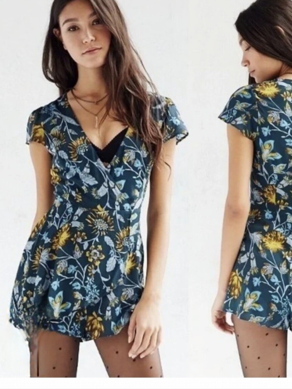 Teal Floral Wrap Romper with Yellow Accents
